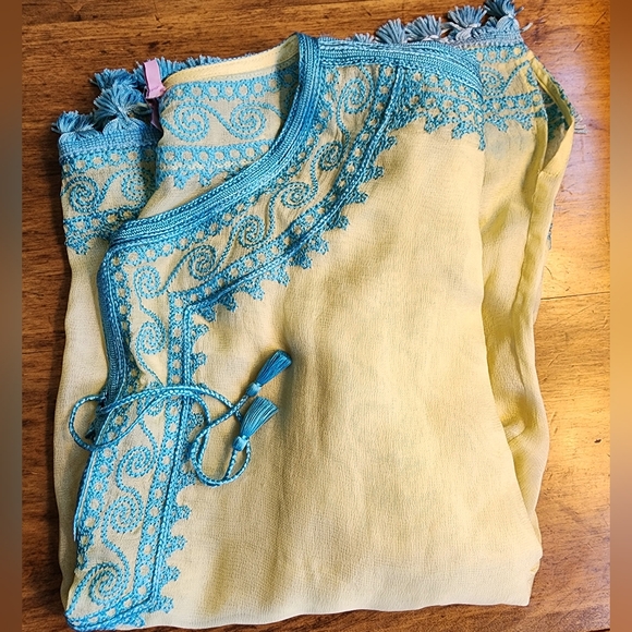 Calypso Saint Barth St. Barth silk beach cover-up 0 S M aqua yellow beachy VGUC - Picture 7 of 15